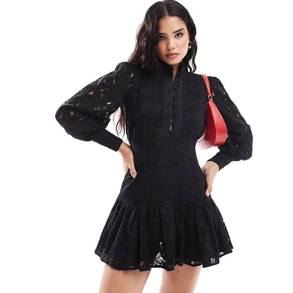 Bardot Dresses & Skirts - Bardot Remy Lace Mini Dress Black Long Puff Sleeve High Neck US M NWT